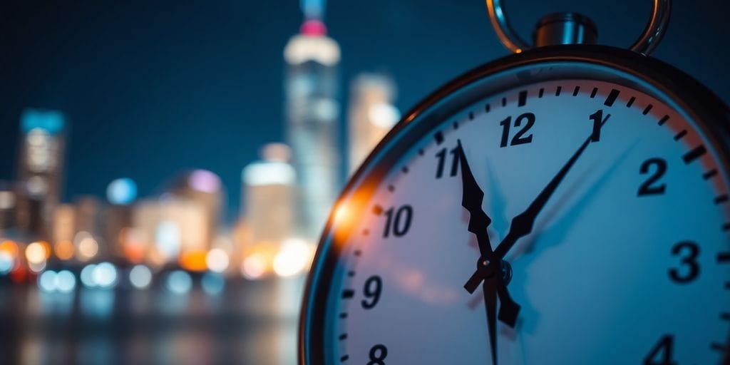 Clock with illuminated city skyline at night