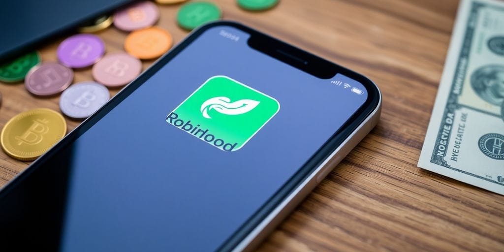 Smartphone with Robinhood app logo on a wooden table.