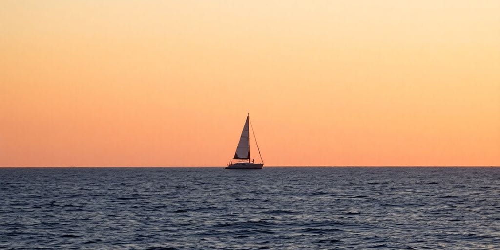 Sunrise over ocean, lone sailboat.
