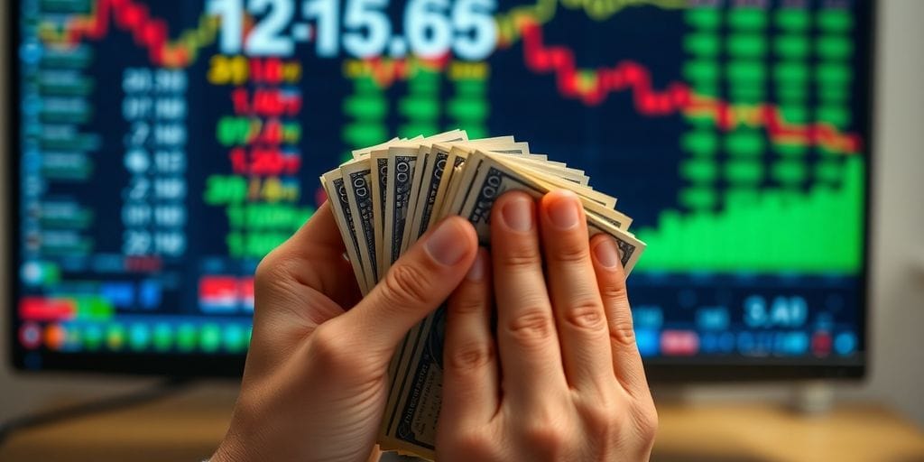 Hands holding money, computer screen