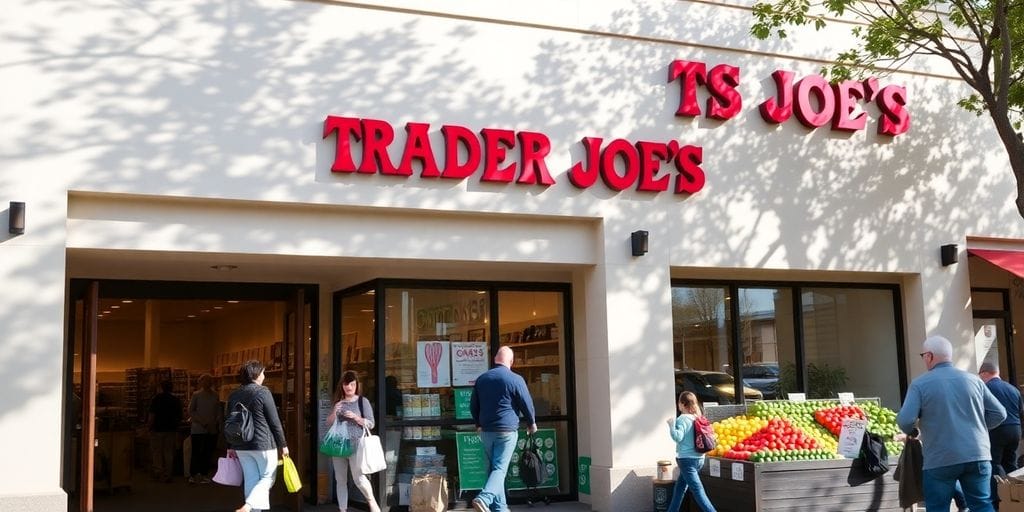 Vibrant storefront, bustling shoppers, natural light, fresh produce.