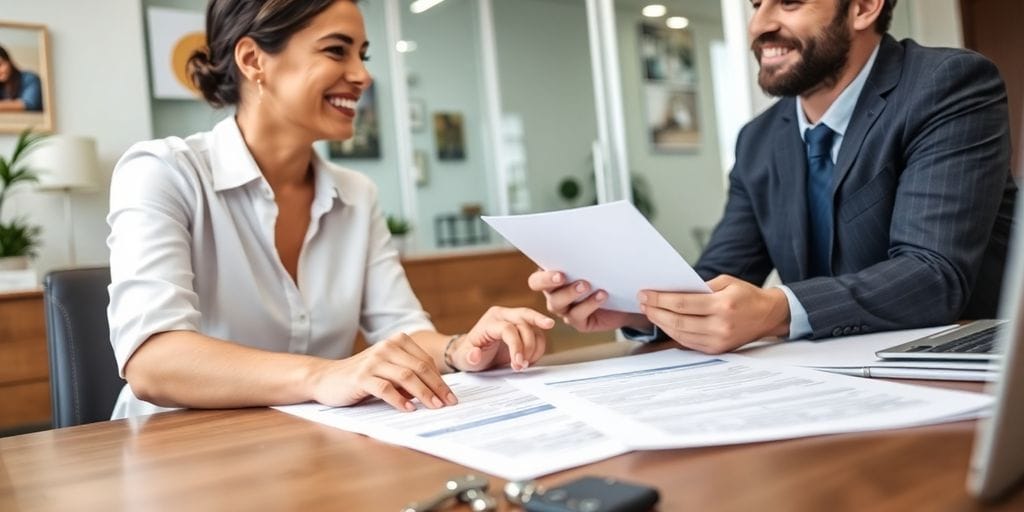 Real estate agent and broker discussing home sales in office.