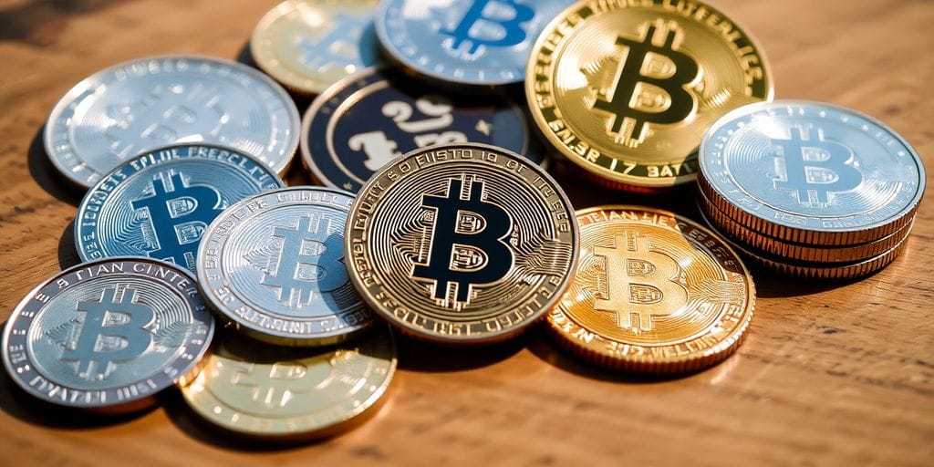 Close-up of cryptocurrency coins on wooden surface.