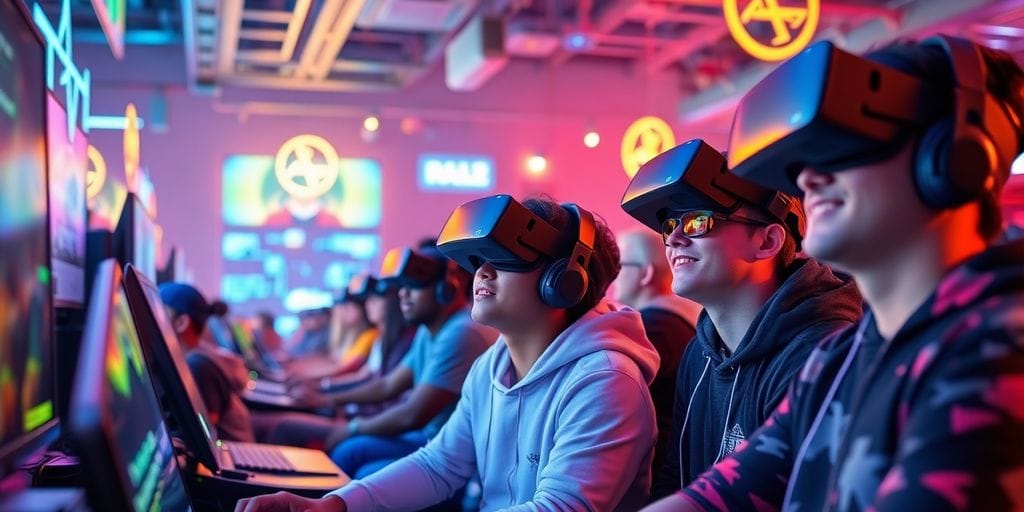 Diverse gamers in a futuristic crypto gaming environment.
