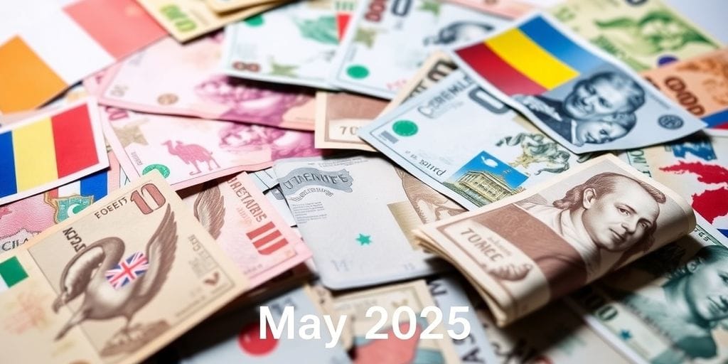 Colorful currency notes from different countries on a table.