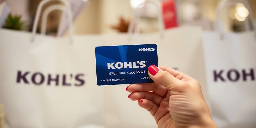 Hand holding Kohl's credit card, shopping bags.