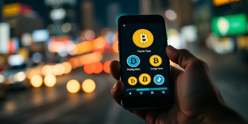 Hand holding smartphone with cryptocurrency icons displayed.