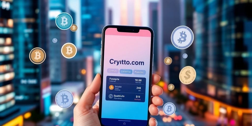 Smartphone with Crypto.com app and cryptocurrency icons on screen.