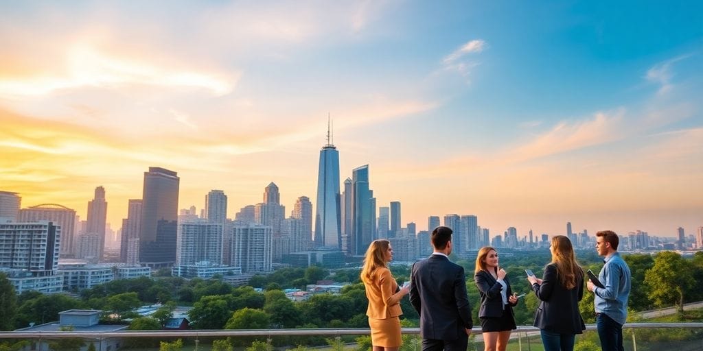 City skyline with diverse professionals discussing real estate.