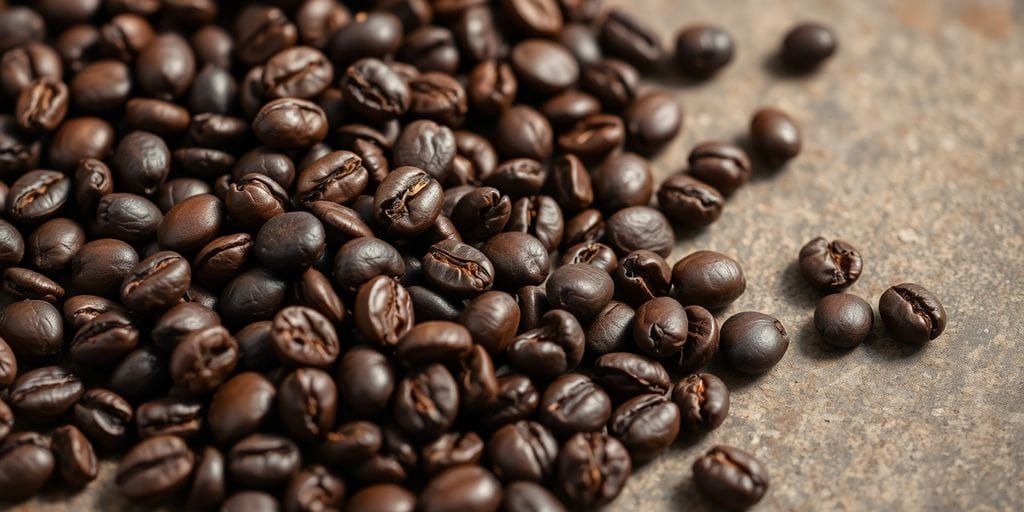 Coffee beans, roasted, in a close-up.