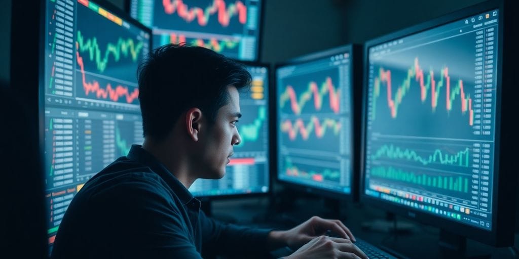 Person viewing multiple screens with financial data.