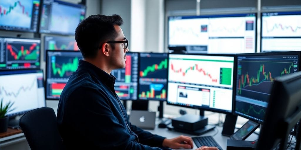 Trader at desk with multiple screens and trading tools.