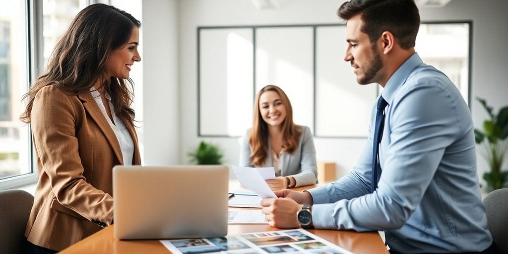 Realtor and broker discussing real estate in an office.