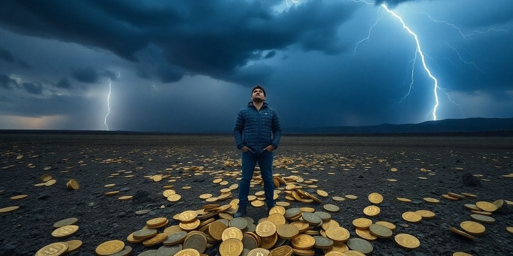 Person standing amidst scattered cryptocurrency coins.