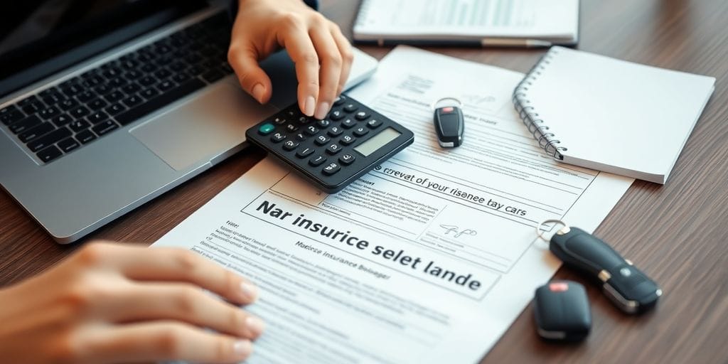 Person reviewing insurance documents on a desk with laptop.