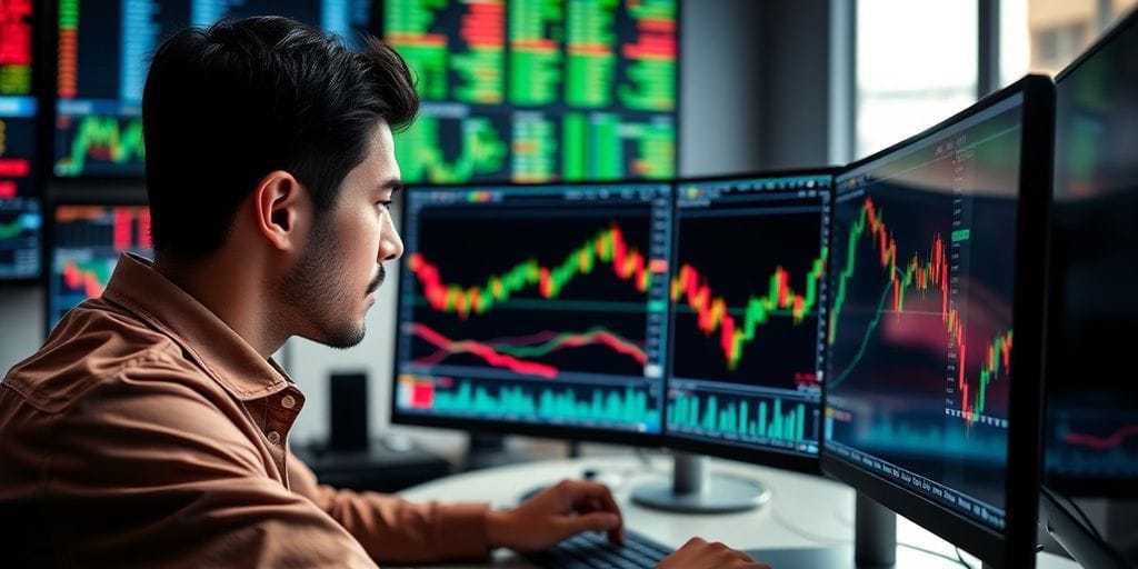 Trader analyzing Keltner Channel on computer in an office.