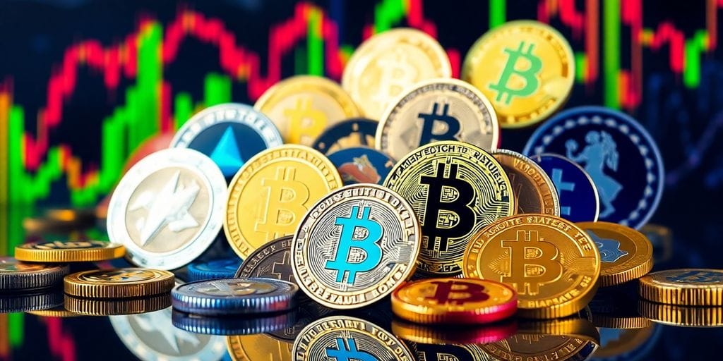 Colorful cryptocurrencies arranged artistically in a dynamic setting.
