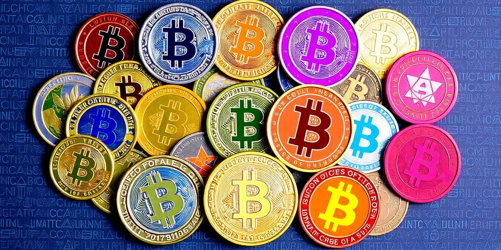 Colorful cryptocurrencies on a tech-inspired background.