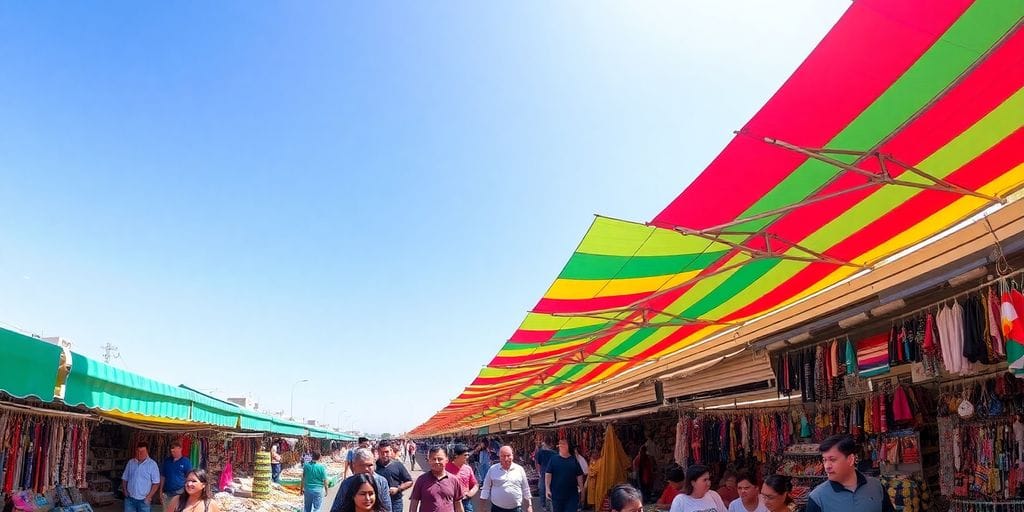 Bustling outdoor market with diverse goods.