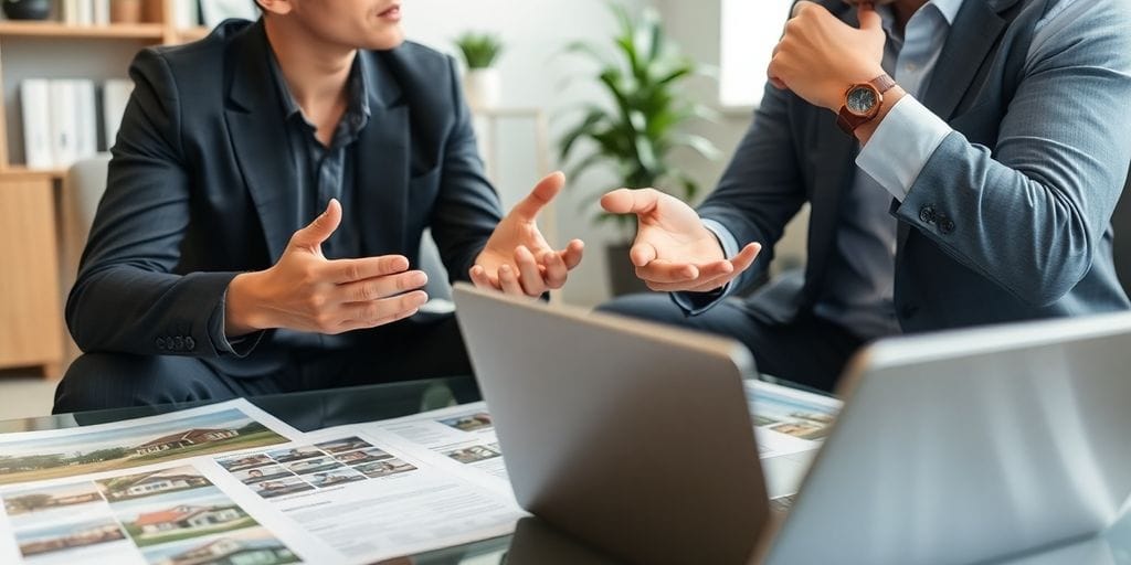 Realtor and broker discussing real estate in an office.