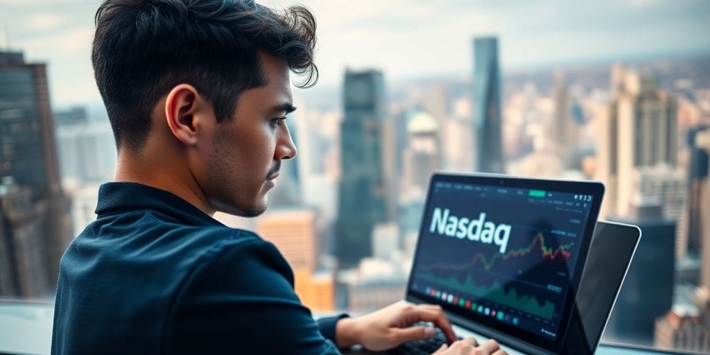 Young investor with laptop looking at Nasdaq data.