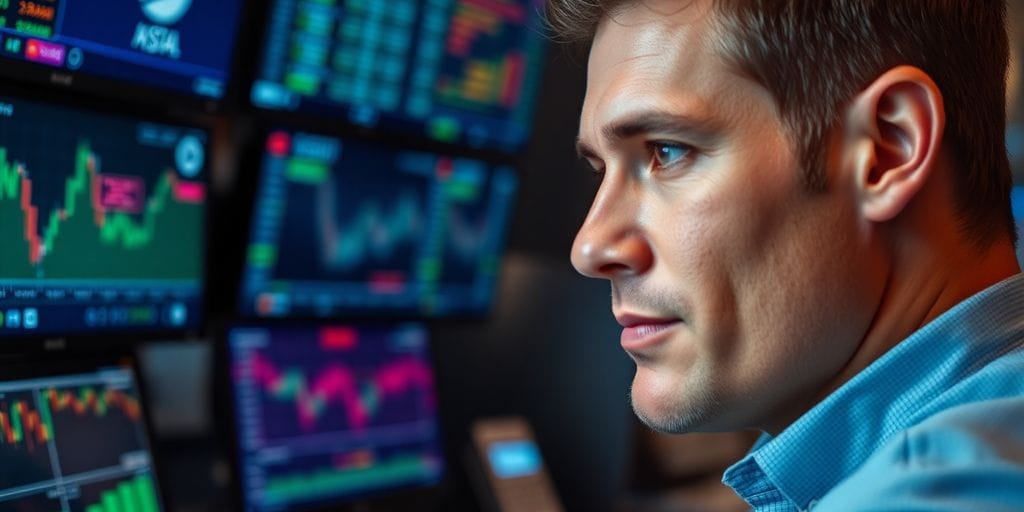 Confident trader analyzing options trading strategies in office.