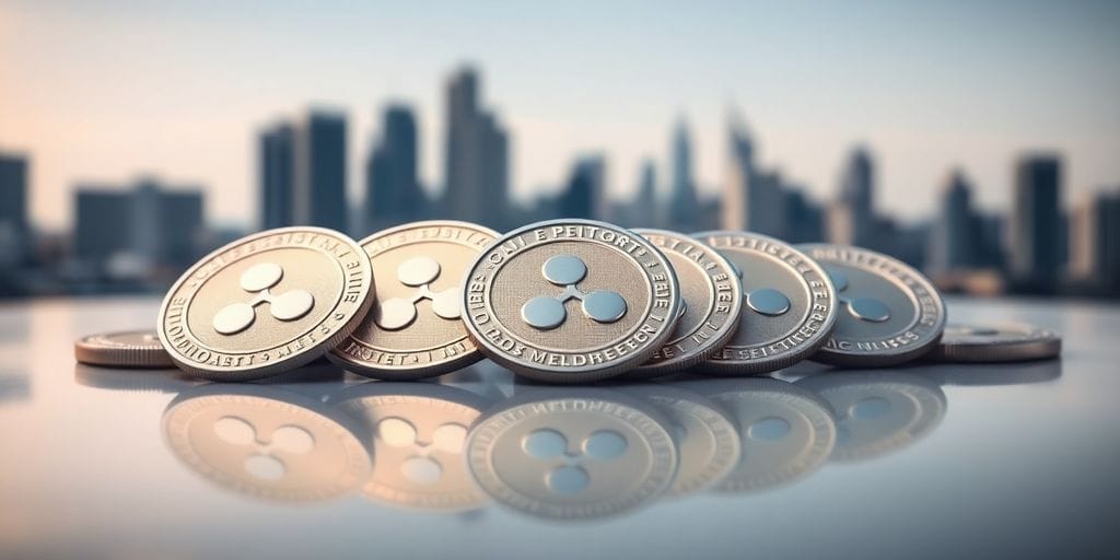 Ripple coins on a reflective surface with a city background.