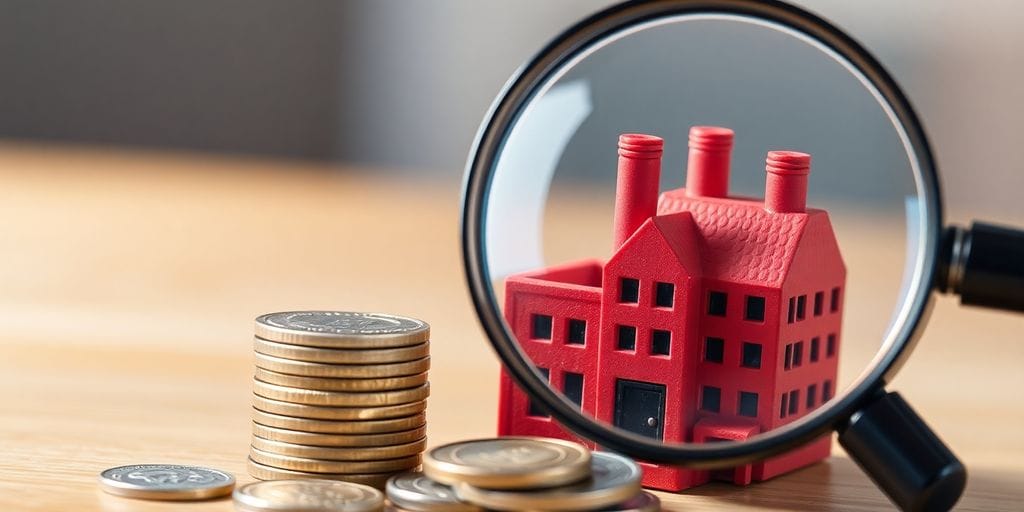 Stack of coins, miniature factory, magnifying glass.