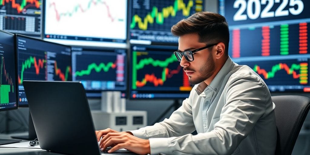 Person trading online with laptop and financial tools.