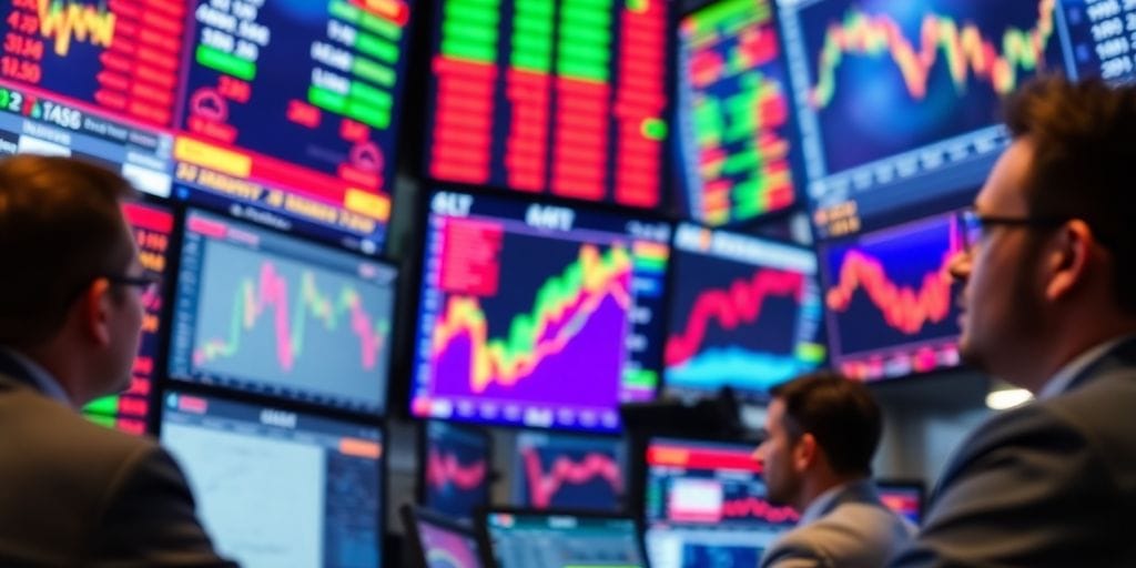 Photo of stock market data on screens in an office.