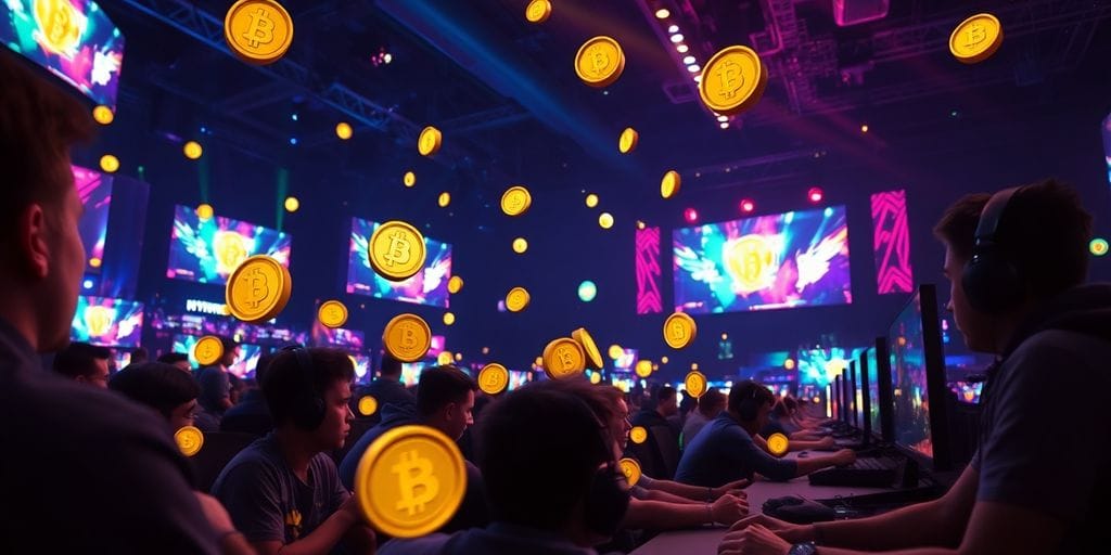 Gamers in a tournament with digital currency icons around.