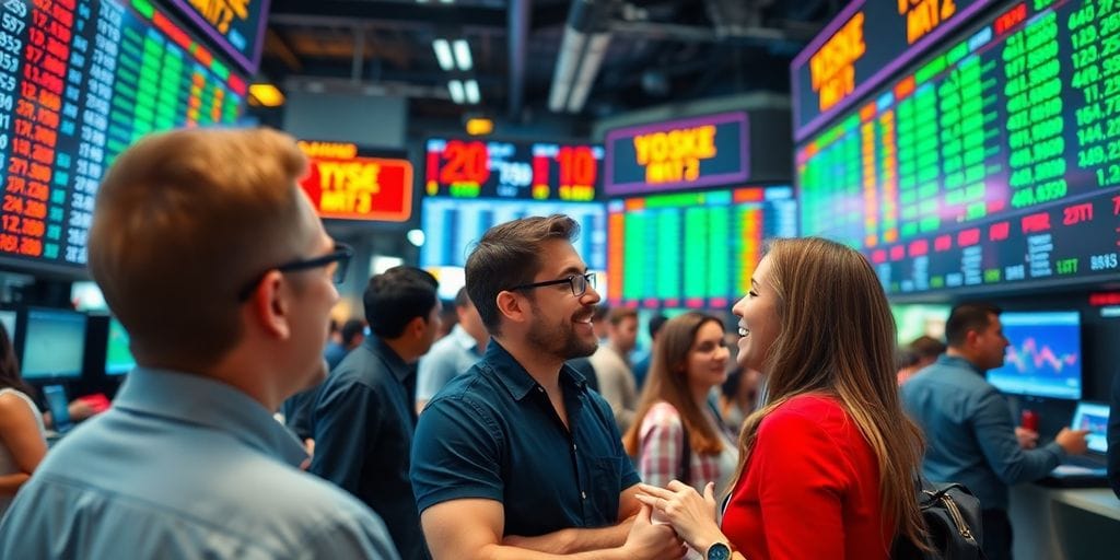 People discussing stocks with digital displays in the background.