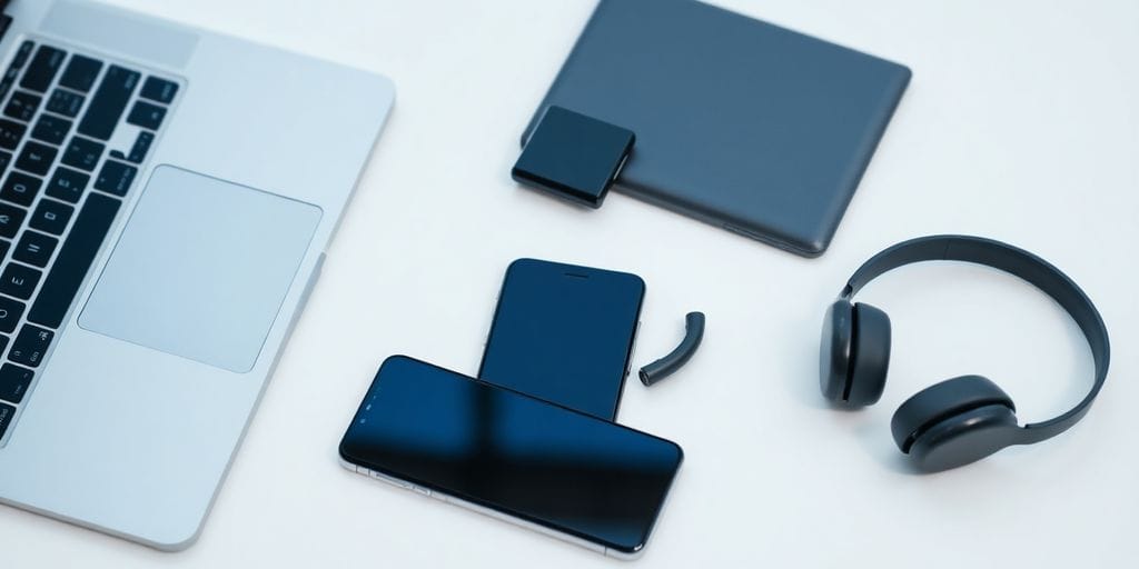 Assorted electronics on a clean white surface.