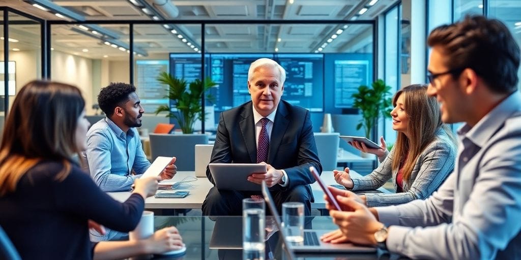 Investment professionals collaborating in a modern office setting.