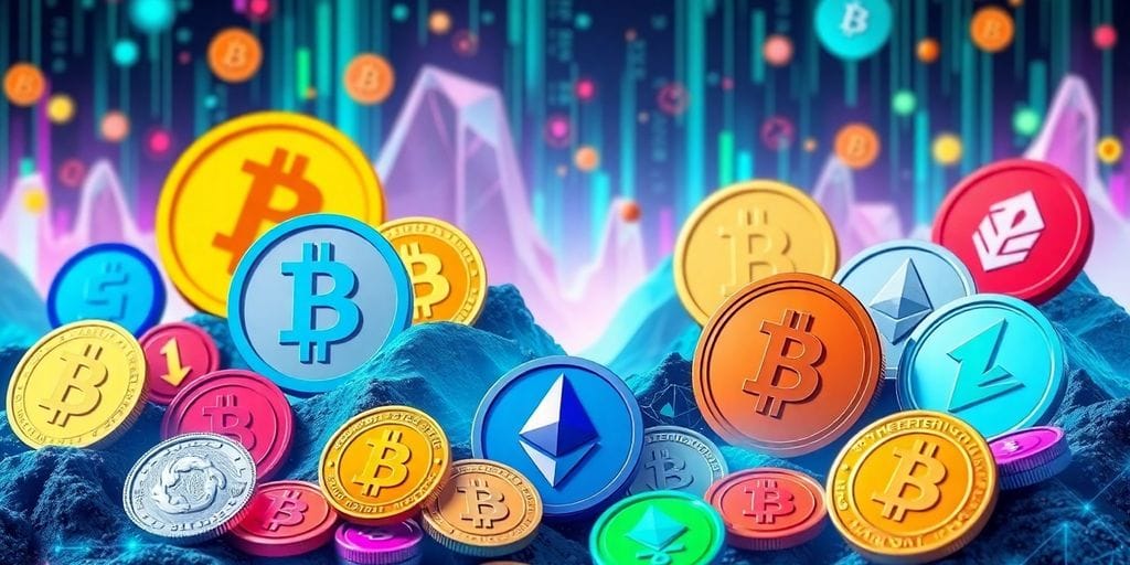 Colorful cryptocurrency coins against a digital background.