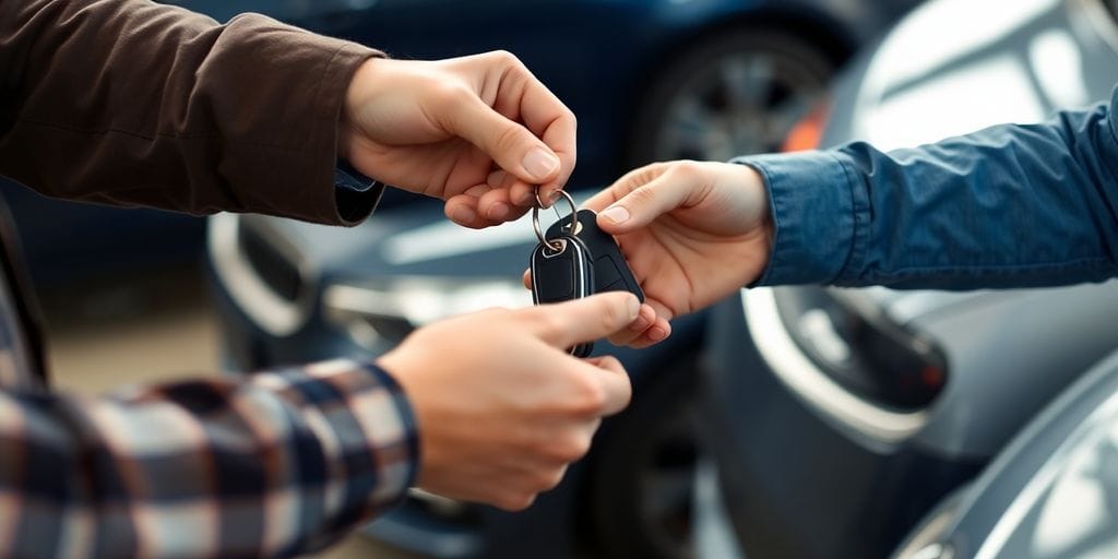 Two people exchanging car keys during a trade.