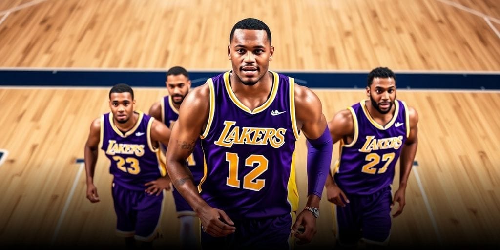 Lakers players in action on the basketball court.