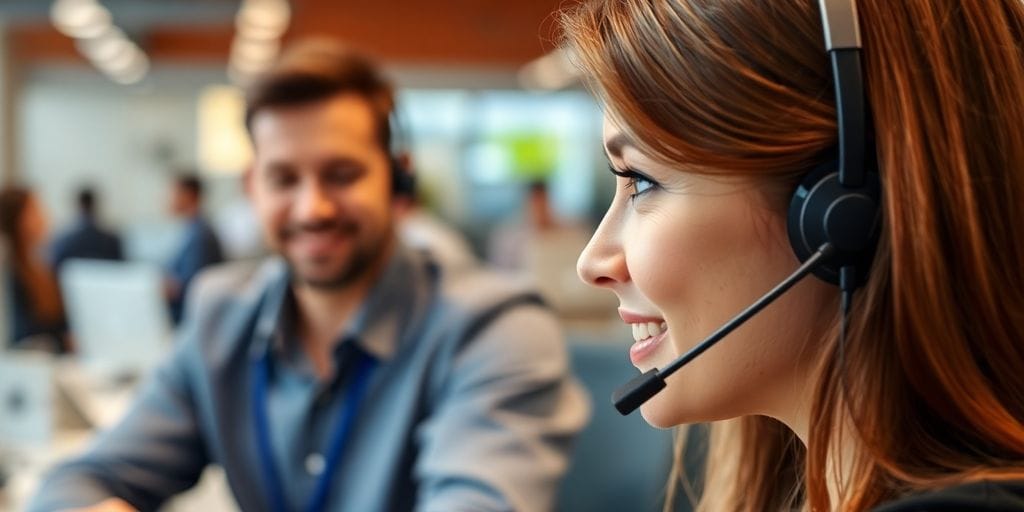 Customer service representative assisting clients over the phone.