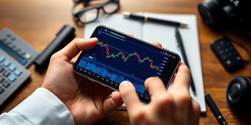 Trader using smartphone in a dynamic trading setting.