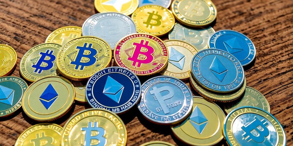 Close-up of colorful crypto coins on a wooden surface.