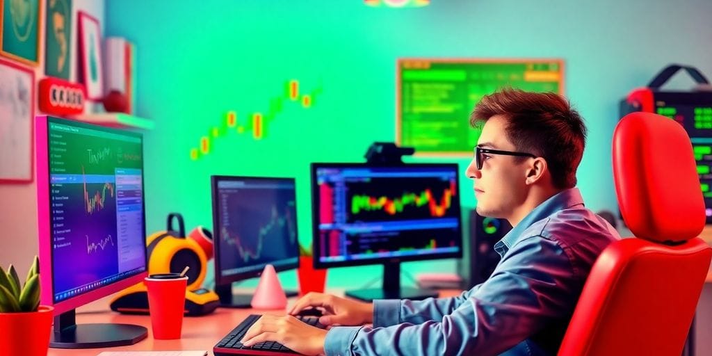 Beginner trader focused at computer in lively workspace.