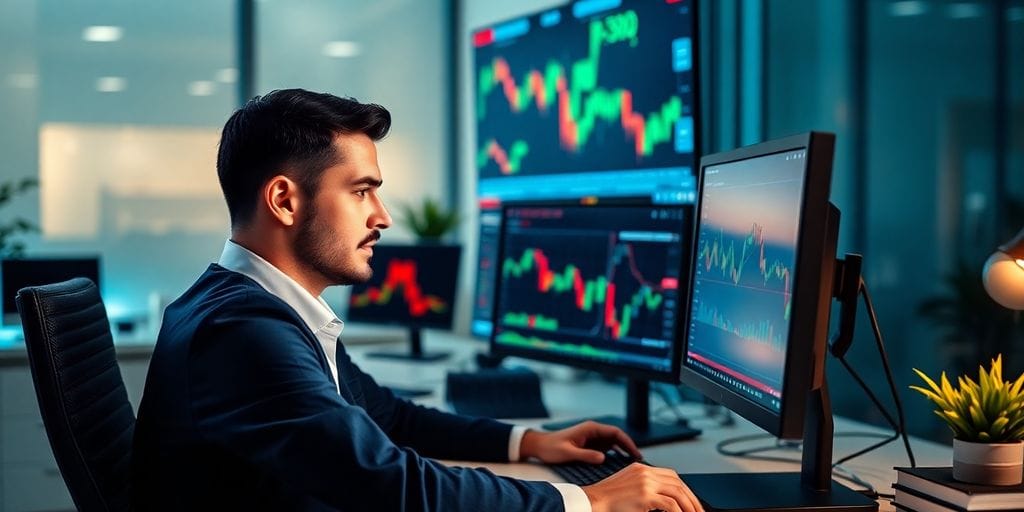 Trader engaged in Forex trading at a computer desk.