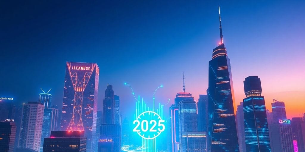 Futuristic city with digital currency flowing.