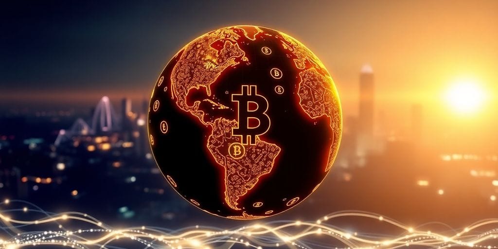 Glowing globe, digital currency, network lines, futuristic city.