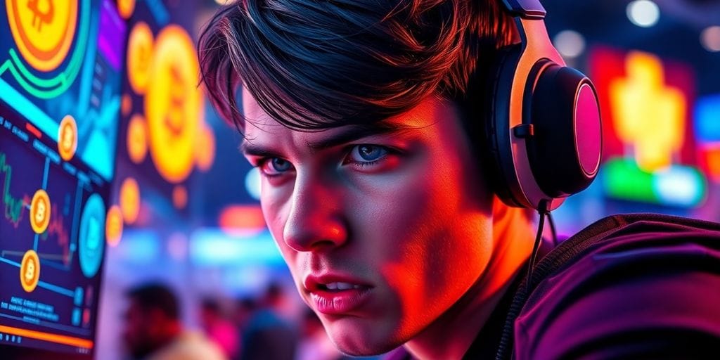 Gamer, digital assets, esports, crypto, futuristic interface.