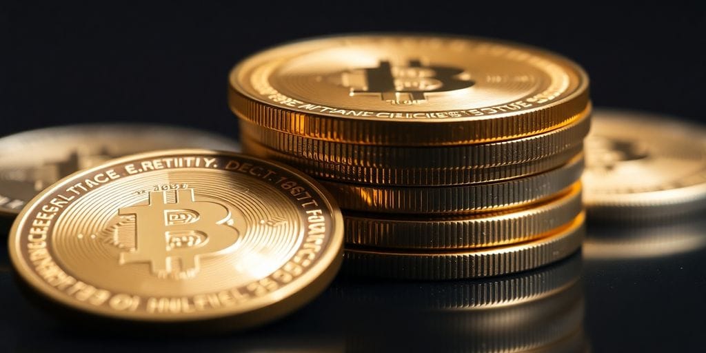 Digital coins with glowing lines.