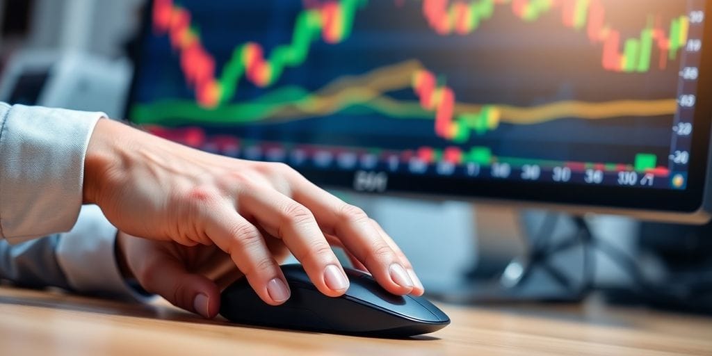 Trader's hands, screen, charts, candles, indicators.