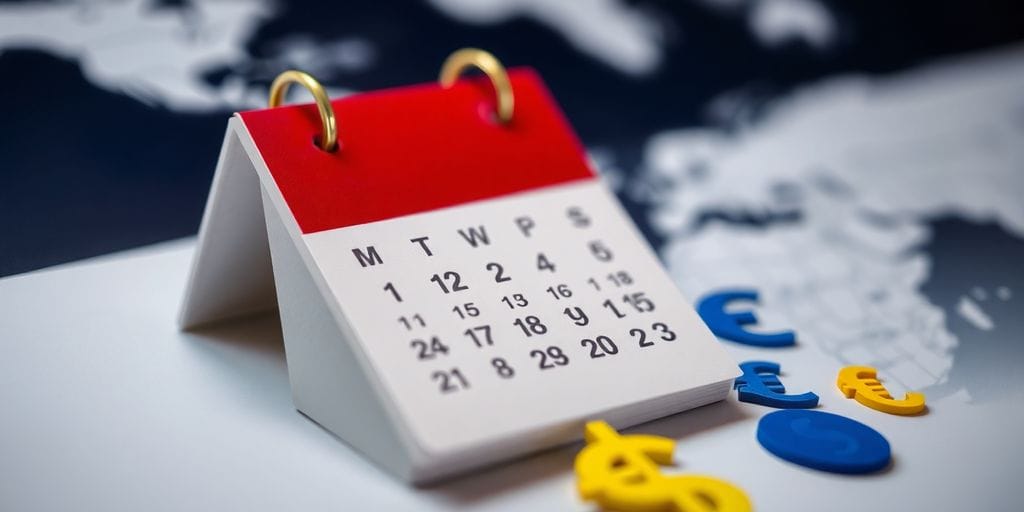 Calendar with forex symbols and world map.