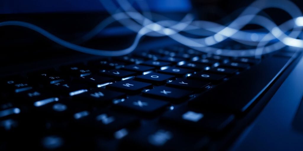 Close-up of keyboard, secure interface, glowing, abstract light.
