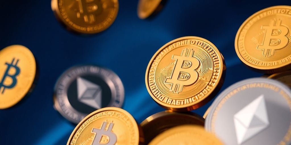Digital coins floating in abstract blue space.